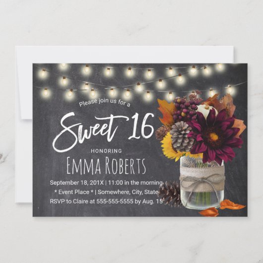 Sweet 16 Autonome Floral Mason Jar Chalkboard Kaart (Voorkant)