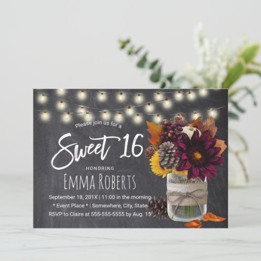 Sweet 16 Autonome Floral Mason Jar Chalkboard Kaart (Staand voorkant)