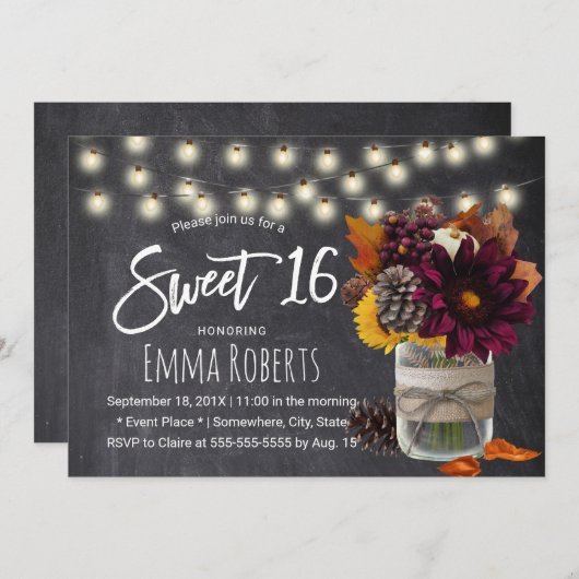 Sweet 16 Autonome Floral Mason Jar Chalkboard Kaart (Voorkant / Achterkant)
