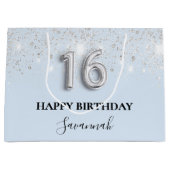 Sweet 16 baby blauw zilveren glitter groot cadeauzakje (Voorkant)