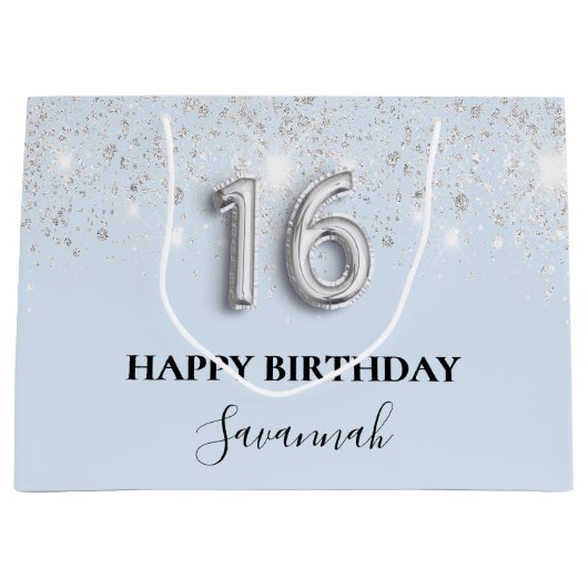 Sweet 16 baby blauw zilveren glitter groot cadeauzakje (Voorkant)