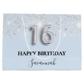 Sweet 16 baby blauw zilveren glitter groot cadeauzakje (Achterkant)