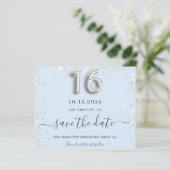 Sweet 16 baby blue zilveren glitter save the date (Staand voorkant)