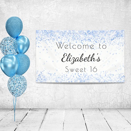 Sweet 16 babyblauw wit glitterstof welkom spandoek