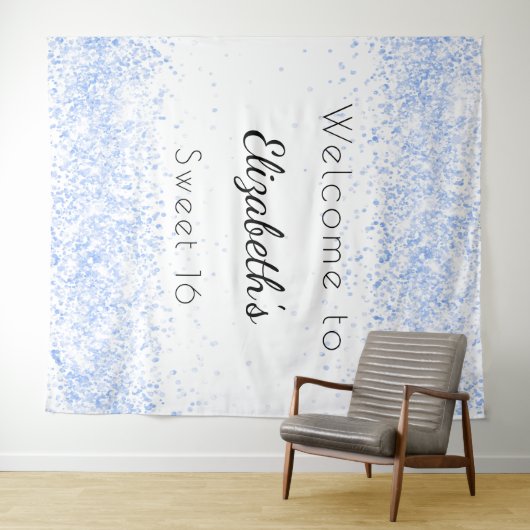 Sweet 16 babyblauw wit glitterstof welkom wandkleed (In Situ (horizontaal))