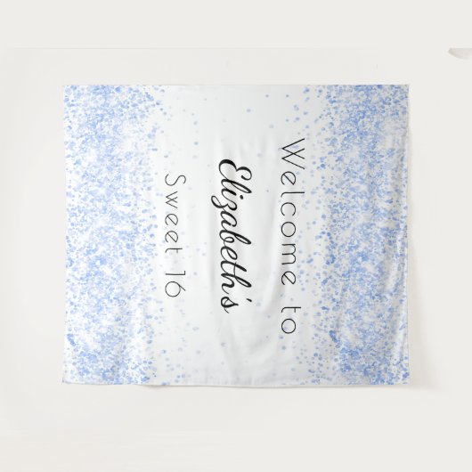 Sweet 16 babyblauw wit glitterstof welkom wandkleed (Voorkant (horizontaal))