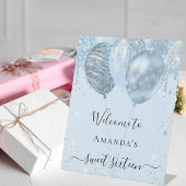 Sweet 16 babyblauwe ballonnen feest welkom reclamebord met voetstuk