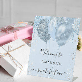 Sweet 16 babyblauwe ballonnen feest welkom reclamebord met voetstuk