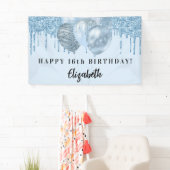 Sweet 16 babyblauwe glitter druppelt ballonnen spandoek (Insitu)