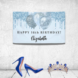 Sweet 16 babyblauwe glitter druppelt ballonnen spandoek