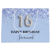 Sweet 16 babyblauwe glitter verjaardag groot cadeauzakje (Voorkant)