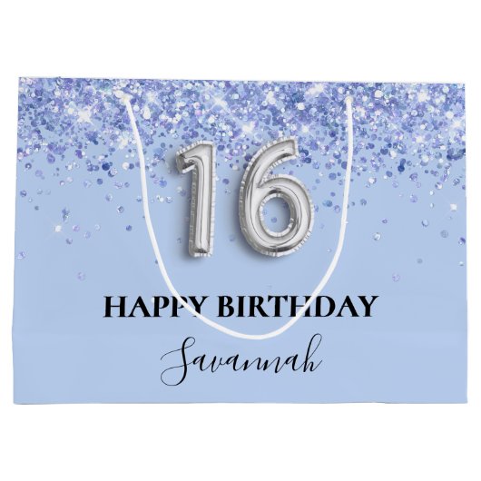 Sweet 16 babyblauwe glitter verjaardag groot cadeauzakje (Achterkant)
