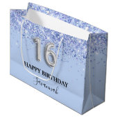 Sweet 16 babyblauwe glitter verjaardag groot cadeauzakje (Voorkant Gekanteld)