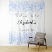 Sweet 16 babyblauwe witte glitterspul welkom wandkleed (In situ)