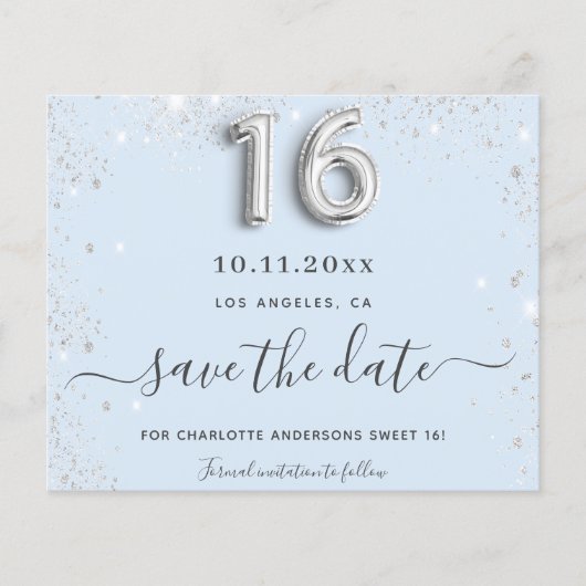 Sweet 16 babyblauwe zilverglitter, behalve de datu (Voorkant)