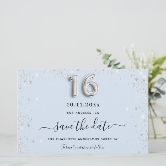 Sweet 16 babyblauwe zilverglitter, behalve de datu (Staand voorkant)