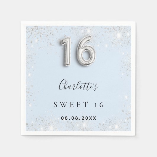 Sweet 16 babyblauwe zilverglitter servet (Voorkant)
