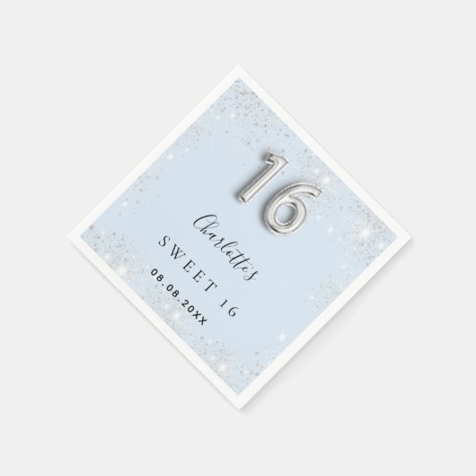 Sweet 16 babyblauwe zilverglitter servet (Hoek)