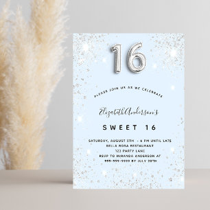 Sweet 16 babyblauwe zilverglitterluxe kaart