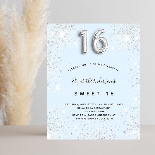 Sweet 16 babyblue Silver-budgetuitnodiging Flyer