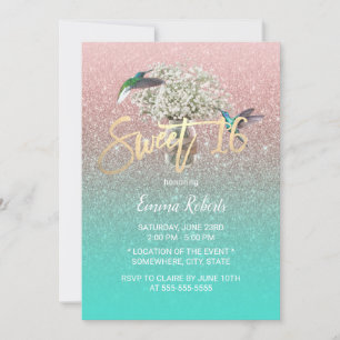 Sweet 16 Baby's Breath Hummingbird Roos Gold Blauw Kaart