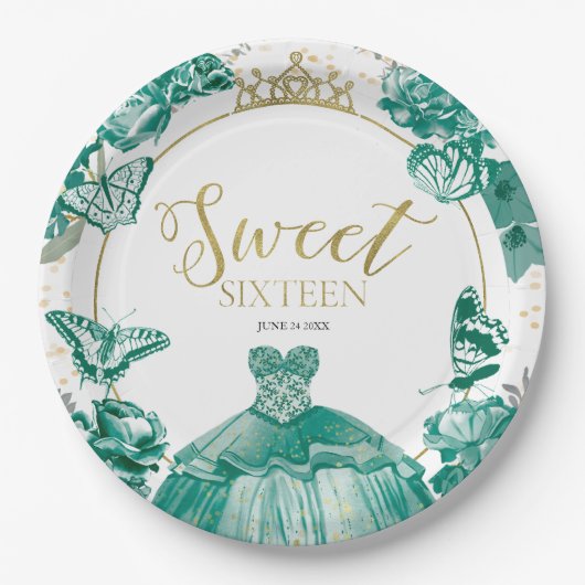 Sweet 16 ballon vlinder smaragd groene jurk papieren bordje (Voorkant)