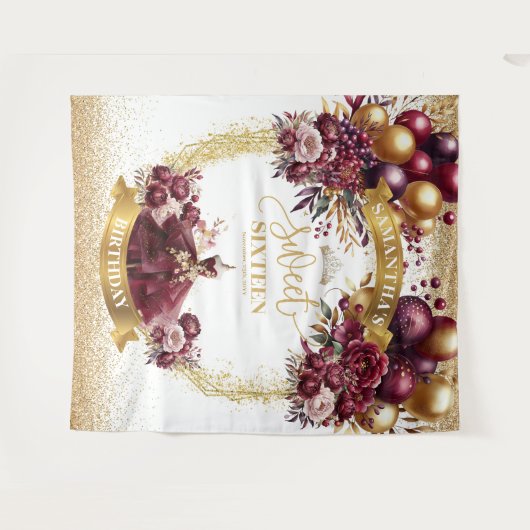 Sweet 16 Banner Bourgondische jurk Glitter Gold Wandkleed (Voorkant (horizontaal))