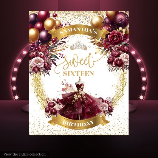 Sweet 16 Banner Bourgondische jurk Glitter Gold Wandkleed