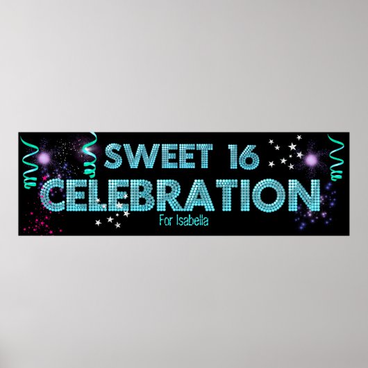 Sweet 16 Banner Poster Blauwgroen blauw (Voorkant)