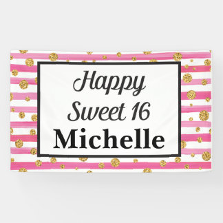 Sweet 16 Banner - Roze strips en goudglitter