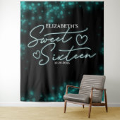 Sweet 16-Bday Blauwgroen Neon Glow-achtergrond Wandkleed (In situ)