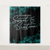 Sweet 16-Bday Blauwgroen Neon Glow-achtergrond Wandkleed (Voorkant)