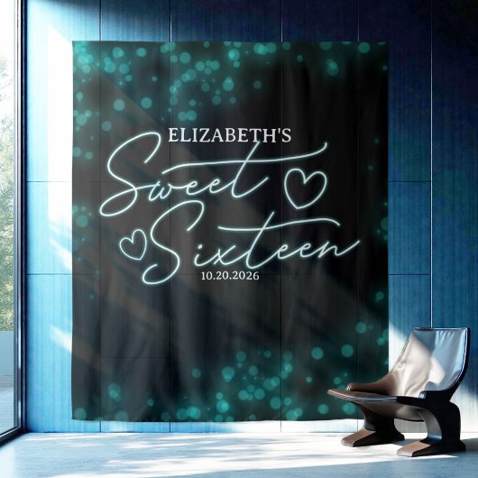 Sweet 16-Bday Blauwgroen Neon Glow-achtergrond Wandkleed