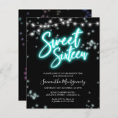 Sweet 16-Bday Blauwgroen Neon Glow Budget Invitati (Voorkant / Achterkant)