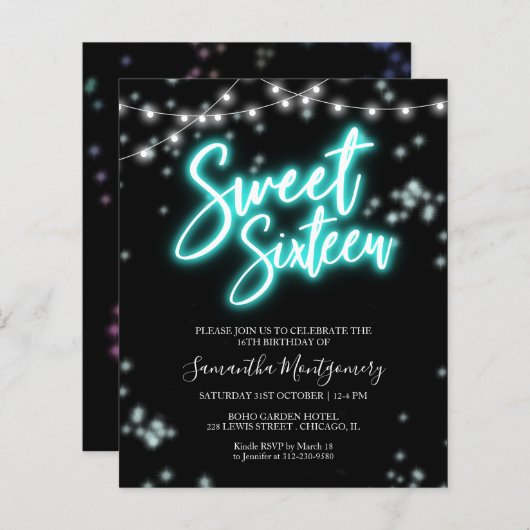 Sweet 16-Bday Blauwgroen Neon Glow Budget Invitati (Voorkant / Achterkant)