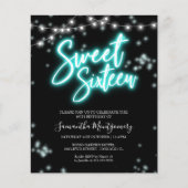 Sweet 16-Bday Blauwgroen Neon Glow Budget Invitati (Voorkant)