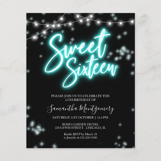 Sweet 16-Bday Blauwgroen Neon Glow Budget Invitati (Voorkant)