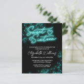 Sweet 16-Bday Blauwgroen Neon Glow Budget Invitati (Staand voorkant)