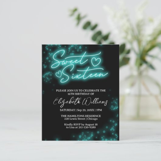 Sweet 16-Bday Blauwgroen Neon Glow Budget Invitati (Staand voorkant)