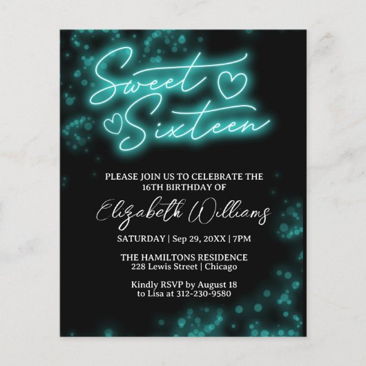 Sweet 16-Bday Blauwgroen Neon Glow Budget Invitati (Voorkant)