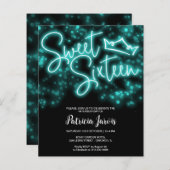 Sweet 16-Bday Blauwgroen Neon Glow Budget Invitati (Voorkant / Achterkant)