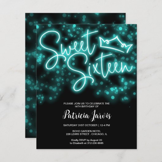 Sweet 16-Bday Blauwgroen Neon Glow Budget Invitati (Voorkant / Achterkant)