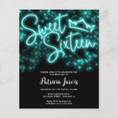 Sweet 16-Bday Blauwgroen Neon Glow Budget Invitati (Voorkant)