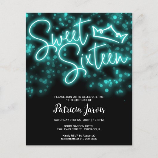 Sweet 16-Bday Blauwgroen Neon Glow Budget Invitati (Voorkant)
