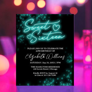 Sweet 16-Bday Blauwgroen Neon Glow Budget Invitati