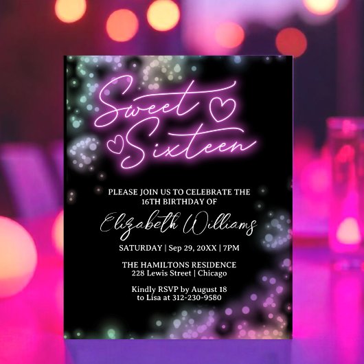 Sweet 16-Bday Colorful Neon Glow Budget Invitation