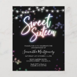 Sweet 16-Bday Colorful Neon Glow Budget Invitation