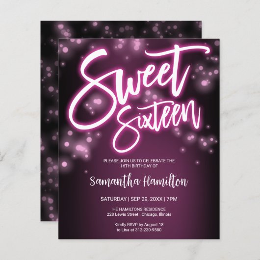 Sweet 16-Bday Hot Pink Neon Glow Budge uitnodiging (Voorkant / Achterkant)
