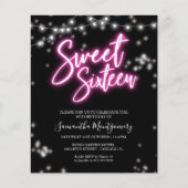 Sweet 16-Bday Hot Pink Neon Glow Budget Invitation (Voorkant)
