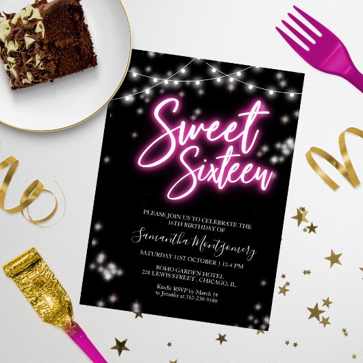 Sweet 16-Bday Hot Pink Neon Glow Budget Invitation